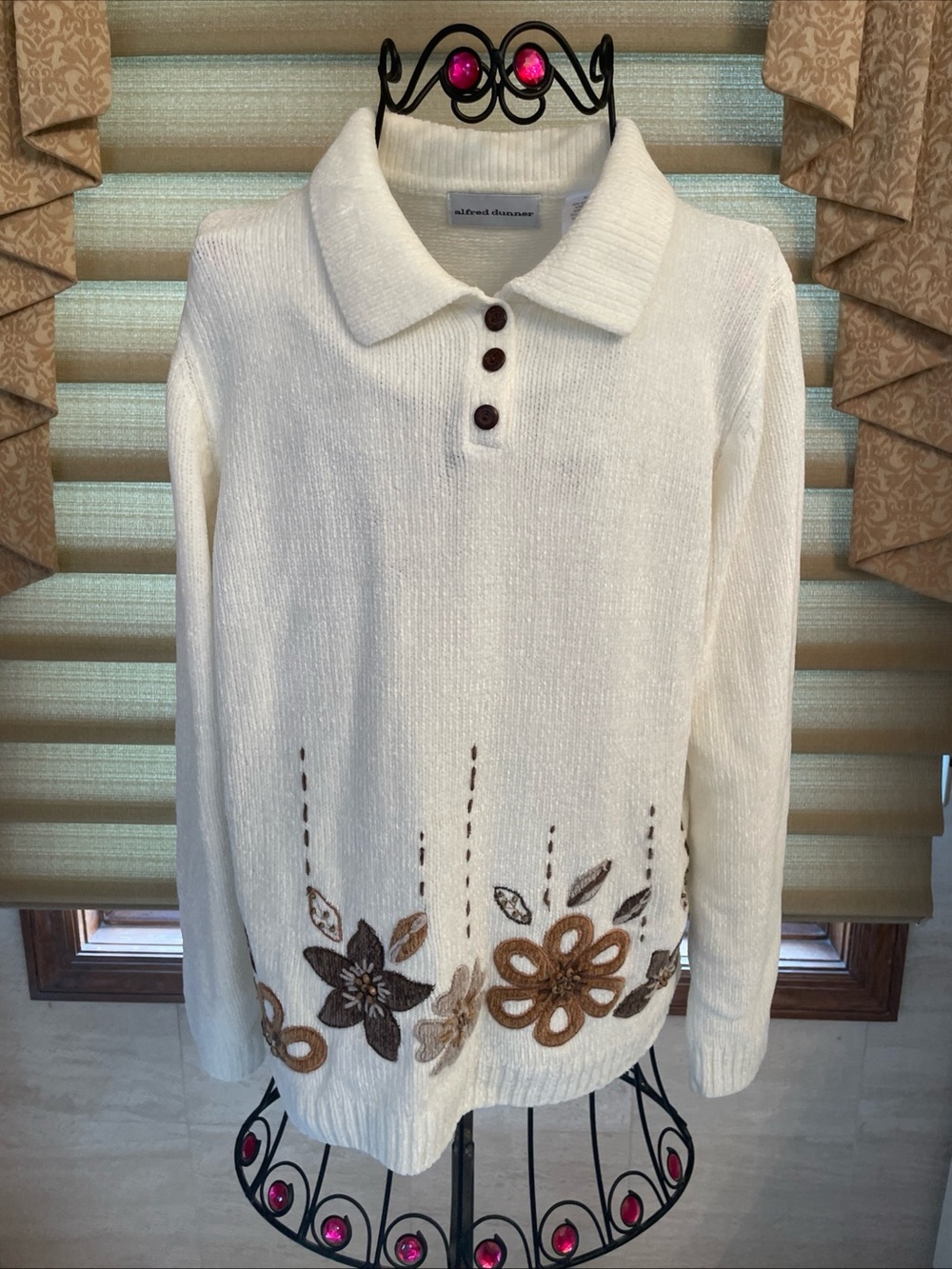 Alfred Dunner Womens Quarter Button Collared Ivory Long Sleeve Sweater Sz Small